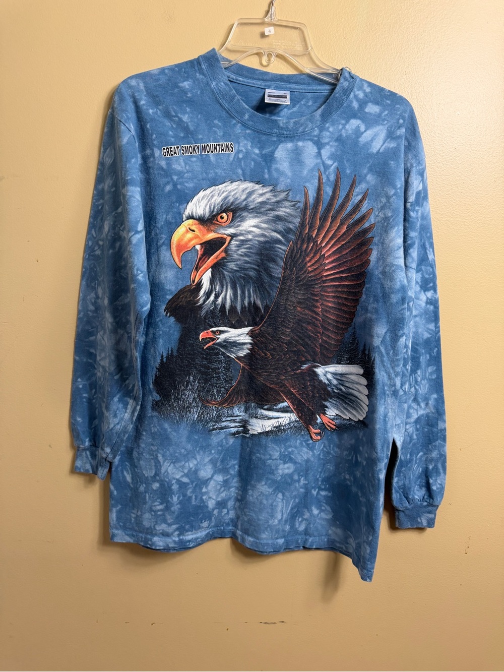Vintage Perrin Y2K 90s tie-dyed long sleeve eagle T-shirt. Medium blue.